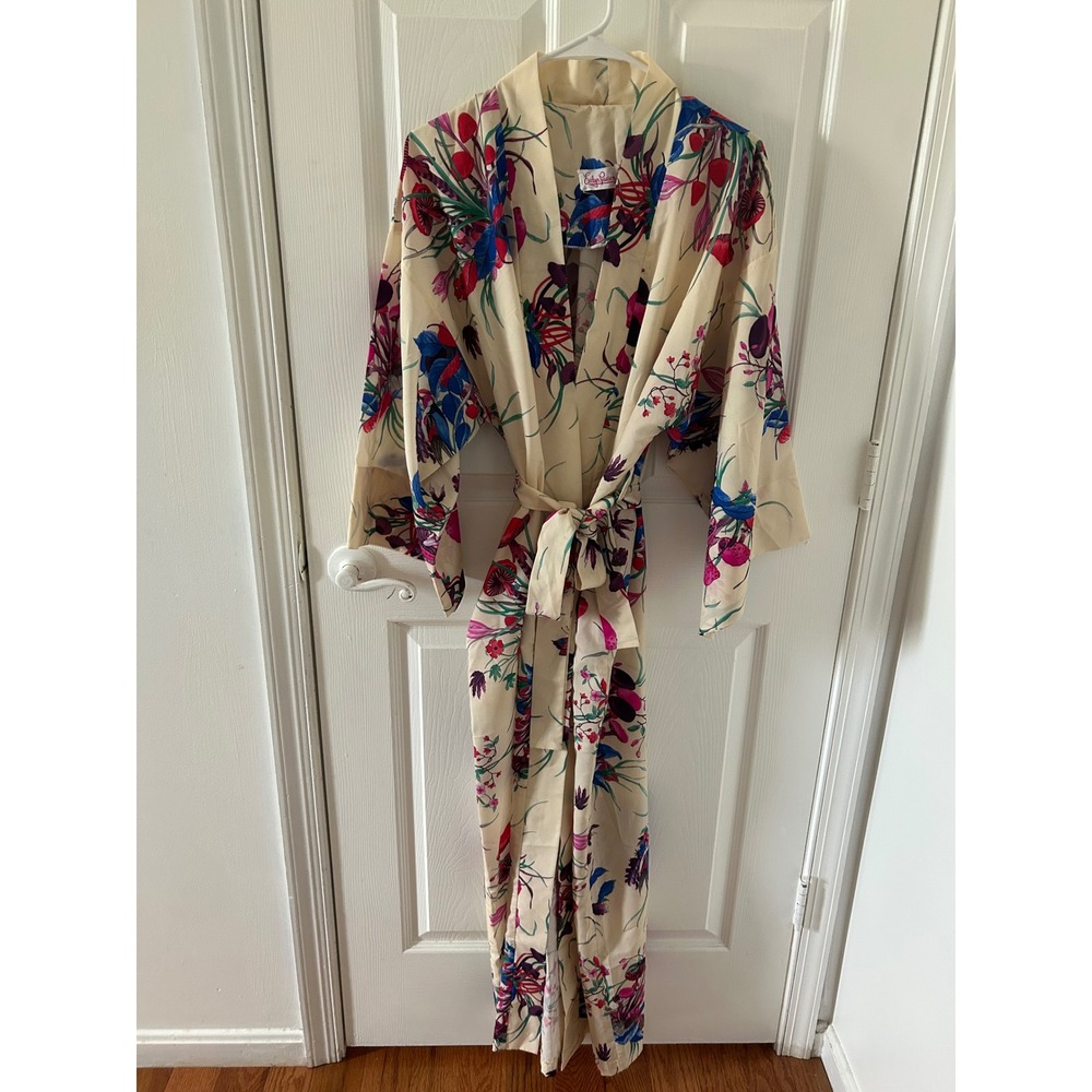 Vintage Evelyn Pearson Floral Mushroom Print Satin Robe Kimono Long Cream Pink